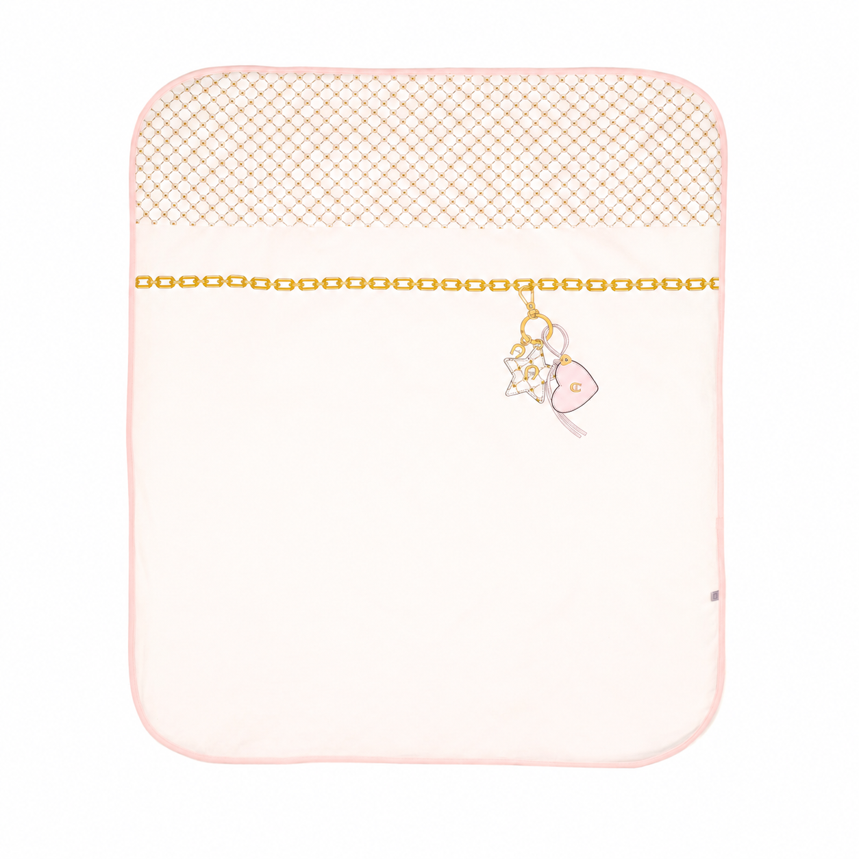 Ivory baby blanket with rounded corners, a gold-toned crosshatch pattern, chain motif, and pink heart and star charms.
