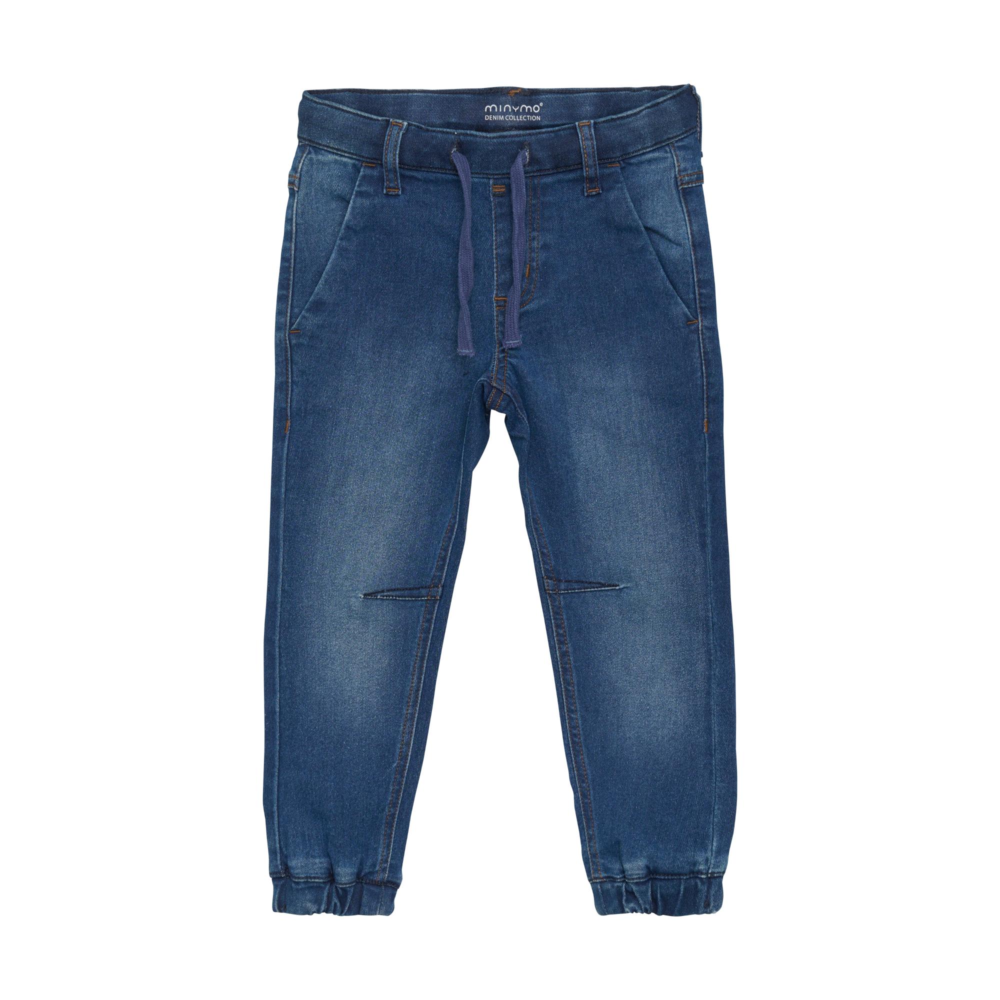 Dark blue kids' loose fit denim jogger jeans with elasticated waistband, drawstring, front pockets, and elasticated ankle cuf