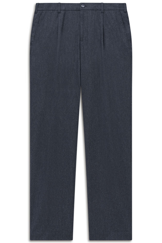Navy blue men's tailored trousers with single front pleats, belt loops, and slanted side pockets, laid flat.