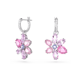 Swarovski Gema Drop Earrings Mixed cuts, Flower, Pink, Rhodium plated