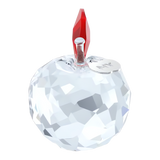 White faceted crystal apple figurine with a clear stem, a red leaf-like element, and a silver-toned disc engraved with "NYX".