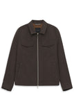 Brown collared jacket with a silver-toned full-zip front, two chest flap pockets, and two lower welt pockets.