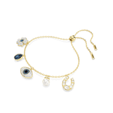 Swarovski Symbolica bracelet, Crystal pearl, Clover, evil eye and horseshoe, Blue, Gold-tone plated