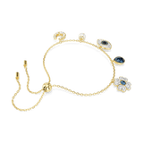 Swarovski Symbolica bracelet, Crystal pearl, Clover, evil eye and horseshoe, Blue, Gold-tone plated