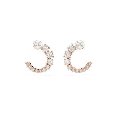 Swarovski Matrix hoop earrings, Crystal pearl, Round cut, White, Rose gold-tone plated