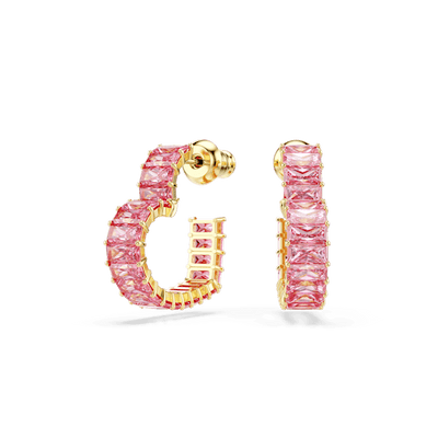 Swarovski Matrix Hoop Earrings Baguette cut Heart Small Pink Gold-tone plated
