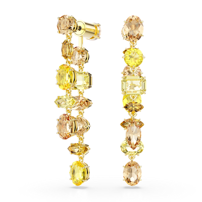 Swarovski Gema Drop Earrings Asymmetrical Design Mixed Cuts Long Yellow Gold-Tone Plated