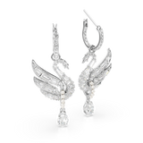 Swarovski Swan earrings, Swan, White, Rhodium plated