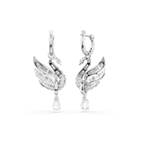 Swarovski Swan earrings, Swan, White, Rhodium plated