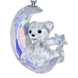 Faceted crystal Kris Bear ornament sitting on an iridescent blue crescent moon, holding a star. Black eyes/nose. Silver-toned