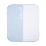 Light blue Aigner Kids baby blanket with a smooth panel and a white textured panel, featuring rounded corners.