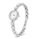 Silver-toned watch with white dial, crystal-encrusted bezel, and crystal-studded round links on a polished silver-toned band.