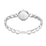 Back view of a silver-toned watch with a round case. The metal bracelet has oval links, some with clear crystals, and a foldi