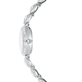 Silver-toned watch with a white dial, crystal-set bezel, and a bracelet featuring alternating plain and crystal-embellished h
