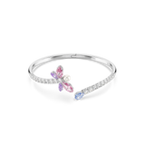 Silver-toned open bangle with a pink and purple crystal dragonfly, a white pearl, and a blue teardrop crystal.