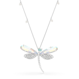 White Swarovski necklace with a large crystal dragonfly pendant featuring iridescent wings and a light blue accent stone.