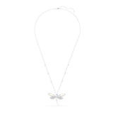 Silver-toned necklace with a crystal dragonfly. Iridescent and clear crystal wings, a blue crystal center, and small clear be
