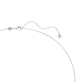 Silver-toned delicate chain necklace with lobster clasp, logo tag, extender chain, and a small faceted clear crystal.