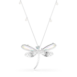 Silver-toned necklace with a dragonfly pendant. The dragonfly has iridescent upper wings and silver-toned, crystal-studded lo