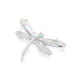 Silver-toned dragonfly jewelry piece with iridescent faceted crystal upper wings, clear baguette crystal lower wings/body, li
