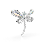 Silver-toned dragonfly pendant with iridescent pear-shaped and oval wing stones, a light blue head stone, and a clear stone-e