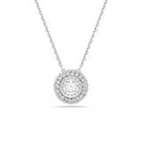 Rhodium plated necklace with a round cut white crystal pendant, featuring a central stone surrounded by two halos of smaller