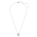 Rhodium-plated necklace with a round white crystal pendant surrounded by a halo of smaller white crystals.