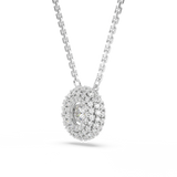 Rhodium-plated link chain and oval pendant with a large white round-cut crystal surrounded by smaller white crystals.