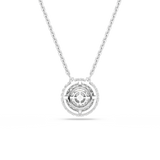 Back of a rhodium-plated silver-toned necklace with a round pendant. It features an outer ring of white crystals and an intri