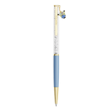 Crystal blue pen with a clear barrel filled with crystals, gold-toned accents, a 'Swarovski' logo, and a Minion charm.