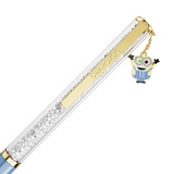 Clear crystal-filled pen with gold-toned clip. Light blue base. Minion charm with blue crystals, one green eye, one brown eye