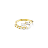 Gold-toned open ring. One end features a large pear-shaped clear stone flanked by two smaller clear stones; the other has fiv