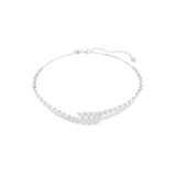 White rhodium-plated necklace with clear, faceted crystals, featuring a central cluster of marquise-cut stones and a delicate