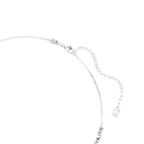 Silver-toned necklace with lobster clasp, extender chain, and a small clear crystal charm. Main chain has rectangular clear c