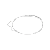 Silver-toned necklace featuring a band of clear rectangular crystals, with a thin chain extender and a small round charm.