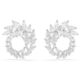 Pair of silver-toned hoop earrings, each formed by marquise-cut clear stones arranged in a crescent shape.