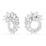 Pair of white Swarovski Mesmera small hoop earrings, each adorned with numerous clear marquise-cut crystals in a swirling pat