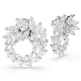 Pair of silver-toned open hoop earrings featuring numerous clear marquise-cut crystals arranged in a leaf-like design.