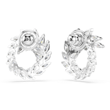 Pair of silver-toned hoop earrings, each adorned with numerous clear, marquise-cut crystals forming a leaf-like wreath design