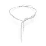 White rhodium-plated necklace with a Y-drop design, adorned with clear marquise, baguette, and pear-shaped crystals.