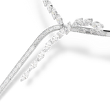 Silver-toned necklace with baguette-cut crystal strands and marquise-cut crystal accents forming a branching design and a dan