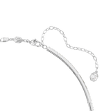 Silver-toned necklace with a curved band of baguette-cut clear crystals, a lobster clasp, and an extender chain with an octag