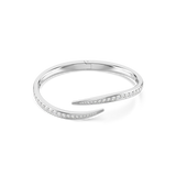 Silver-toned open bangle bracelet with pointed, crystal-embellished ends and a hinge closure.