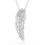 White rhodium-plated necklace with a feather-shaped pendant fully embellished with clear baguette and round-cut crystals