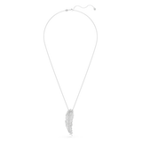 Silver-toned necklace with a delicate chain and a feather-shaped pendant covered in clear crystals. Adjustable clasp.
