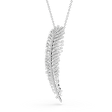 Silver-toned necklace with a feather-shaped pendant covered in clear baguette and round-cut crystals on a delicate chain.