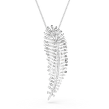Silver-toned necklace with a feather-shaped pendant covered in clear baguette and round crystals, on a silver-toned chain.