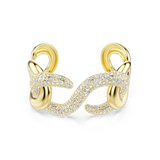 Gold-toned open cuff bracelet with interlocking chain links, half of which are pavé-set with clear crystals.
