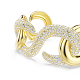 Gold-toned open cuff armband with a chain-link design. Some links are smooth, others are paved with clear crystals.