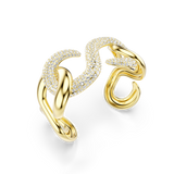 Gold-toned open cuff armband with intertwined chain links. One link is smooth, the other is encrusted with clear crystals.
